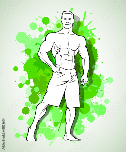 Muscle man silhouette graffiti icon on blot wall background, lifting weights fitness gym icon on spot banner, bodybuilder logo on spot background, men's bare torso