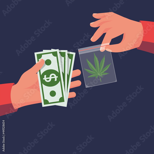 Marijuana sale. Cannabis leaf in dealer package. Drug Trade. Drug deal. Money in hand. Abuse and addiction. Vector illustration flat design. Isolated on background. Hemp medical.