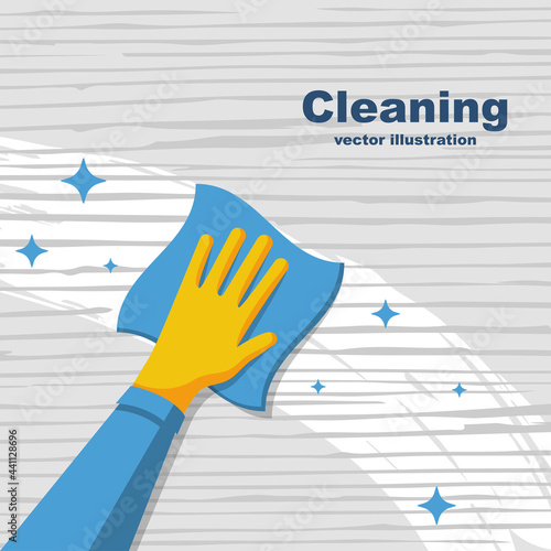 Cleaning wooden surface home or office. Pollution prevention. Napkin in hands. Protective rubber gloves. Hygiene home. Vector flat design. 