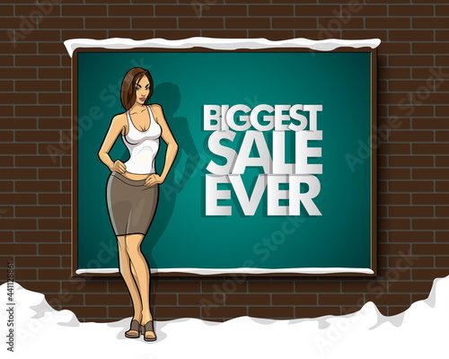 Slim girl on the background "Biggest sale ever" banner. Sexy woman in front of school board banner. Elegant lady on the background sale advertising poster. Advertising discount sale poster