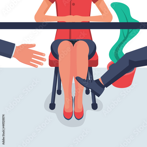 Harassment concept. Businessman touches a woman behind the leg, under the table. Violence in the workplace. Vector illustration flat design. Isolated on white background.