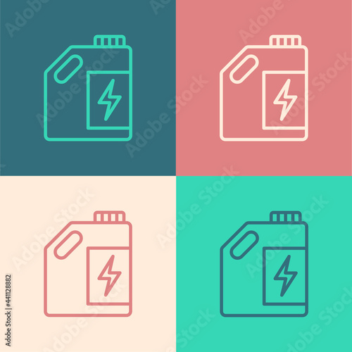 Pop art line Eco fuel canister icon isolated on color background. Eco bio and barrel. Green environment and recycle. Vector