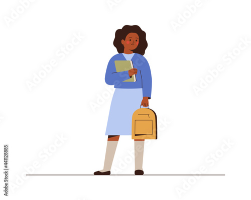 Smiling girl back to school or college. African American female student with backpack and book in school uniform. Education concept. Vector illustration