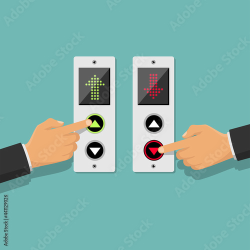 Set of icons, press the up and down button. Button call lift. Businessman presses elevator. Vector illustration flat design. Isolated on white background. Red and green arrow. Finger on the button.