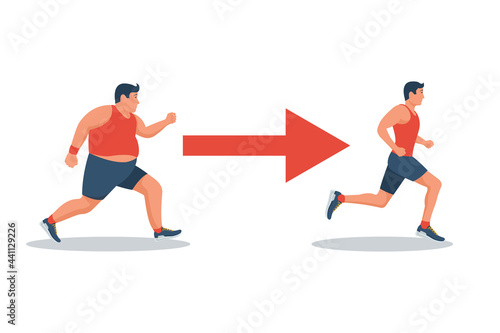 Running for slimming. Jogging people. From fatty and unhealthy health and beauty. Vector illustration flat design. Isolated on white background. Young attractive male. Athletic body. Fat man.