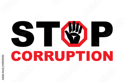 Stop corruption landing page. Hand denial sign. Palm forward, the gesture will stop. Abstract text as web template. Vector illustration flat design. Corruption banner.