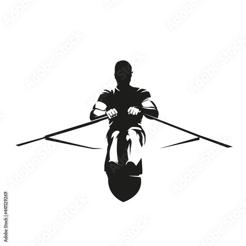 Rowing, athlete rows, front view isolated vector silhouette. Water sport logo