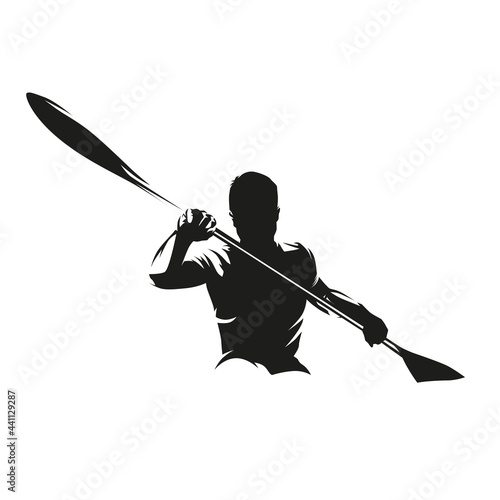 Canoe sprint, kayak logo. Isolated vector silhouette. Ink drawing, front view