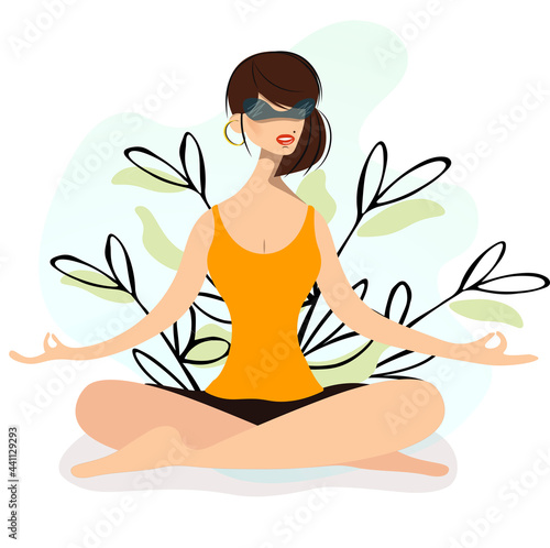 The girl relaxes and meditates in virtual reality using a VR headset. Modern woman in nature simulation glasses. Colored flat cyberspace illustration isolated on white background. VR concept vector