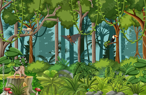 Tropical rainforest scene with various wild animals
