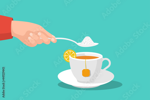 Sugar in tea. Spoon with sugar in man's hand. Sweet tea. Delicious hot drink. Vector illustration flat design. Isolated on white background.