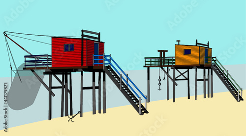 Cabane de pêcheur carrelet plage océan mer 