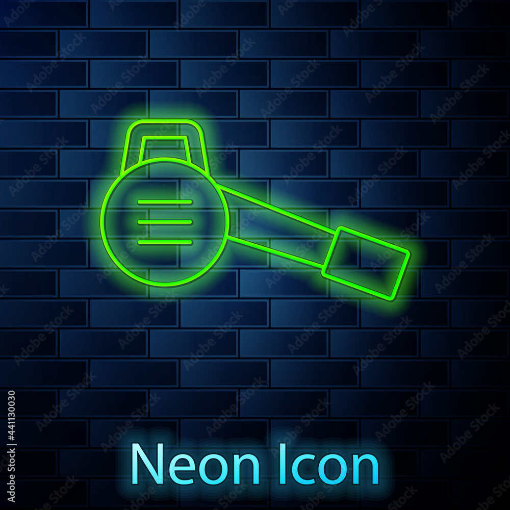 Glowing neon line Leaf garden blower icon isolated on brick wall background. Vector Glowing neon line Leaf garden blower icon isolated on brick wall background. Vector
