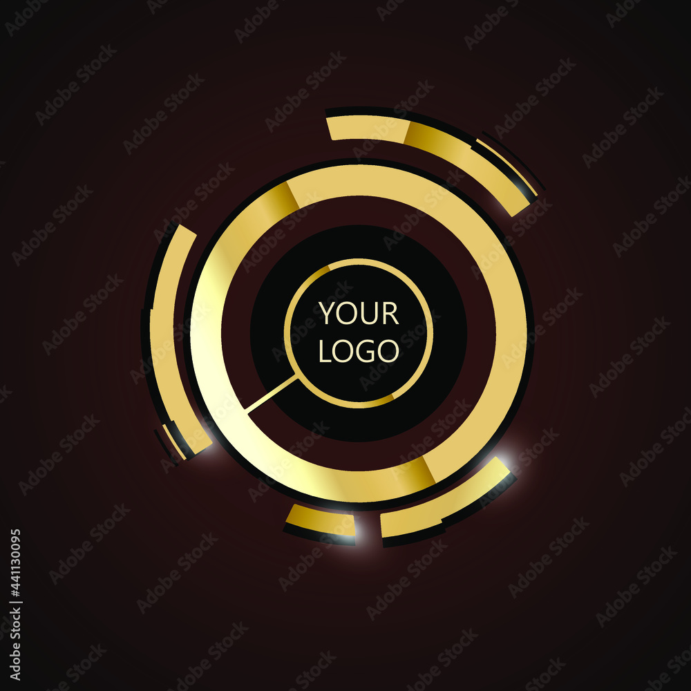 Fototapeta premium Round frame with metal effect. Golden circle. Futuristic style. The appearance of the mechanism in yellow. Logo.