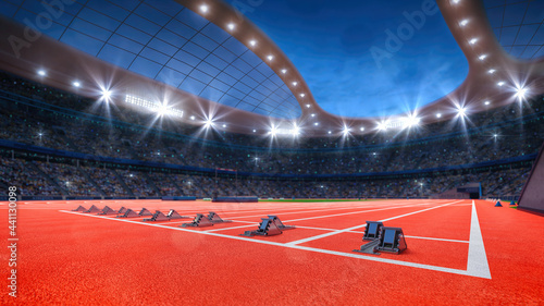 Magnificent athletic sport stadium full of fans, start line with blocks close up. Professional digital 3d illustration of sports. photo