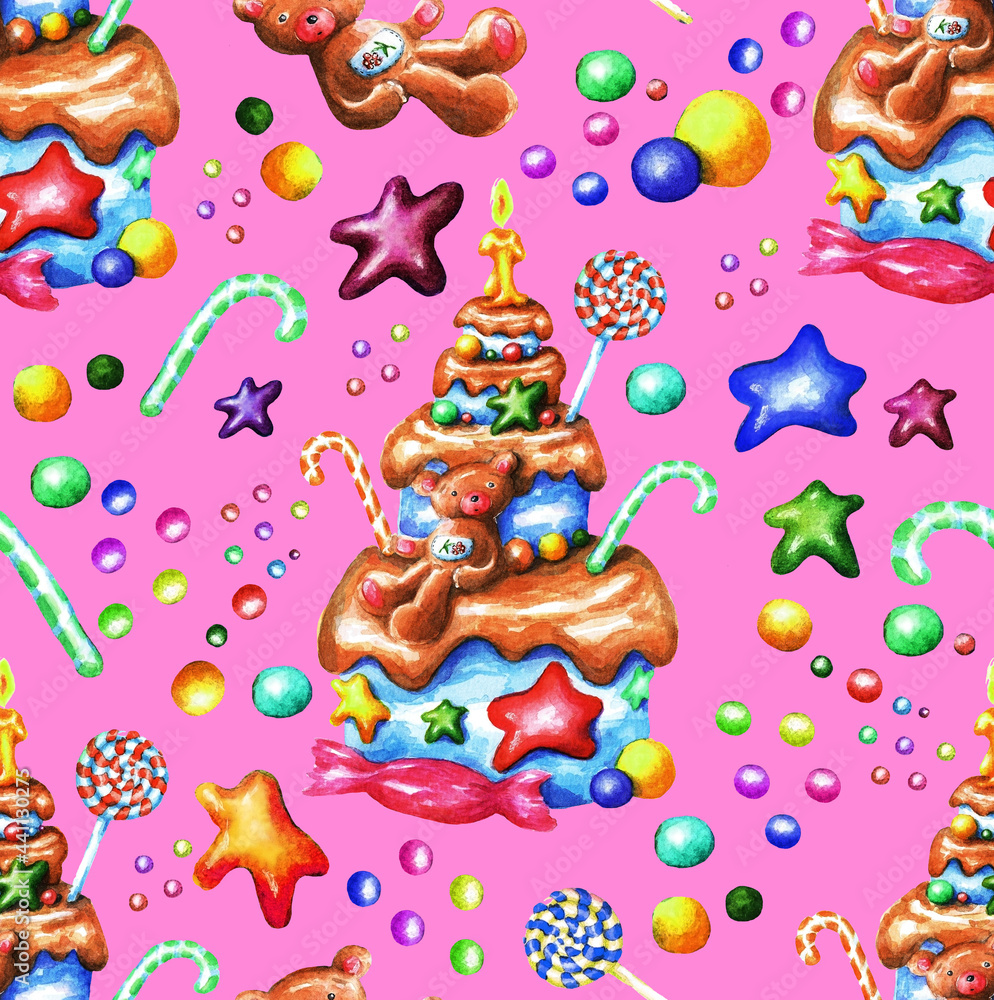 Festive children's cake. Seamless watercolor pattern (2) Festive children's cake. Seamless watercolor pattern (2)