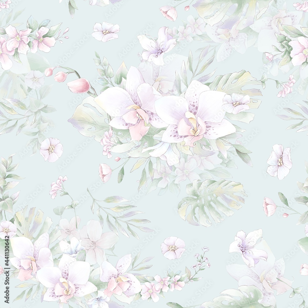 Seamless pattern. Spring delicate orchid flowers. Digital printing