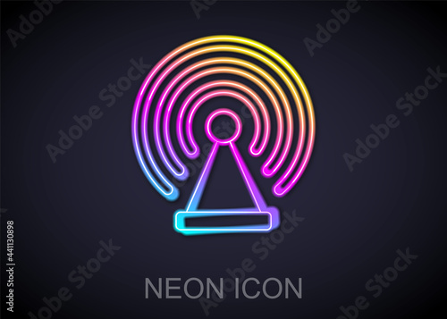 Glowing neon line Radar icon isolated on black background. Search system. Satellite sign. Vector
