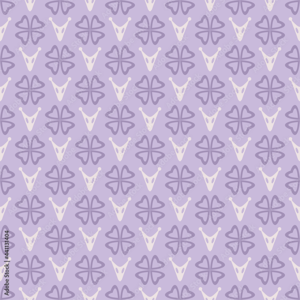 Background pattern with simple decorative ornamentation on purple backdrop, wallpaper. Seamless pattern, texture