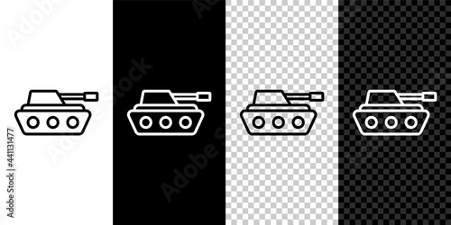 Set line Military tank icon isolated on black and white, transparent background. Vector