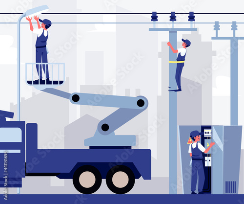 Workers assemble outdoor electrical equipment flat vector illustration.