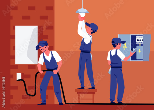 Professional electricians workers performs electric works a vector illustration.