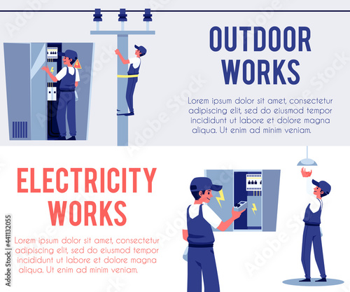 Banner for electrical works inside and outside, flat vector illustration. photo