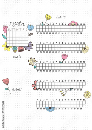 Printable A4 paper sheet, bullet journal page with hand drawn flowers and month planner blank and to fill fulfilled habits. Cute planner for habit tracker, daily planner template, blank for notebook.