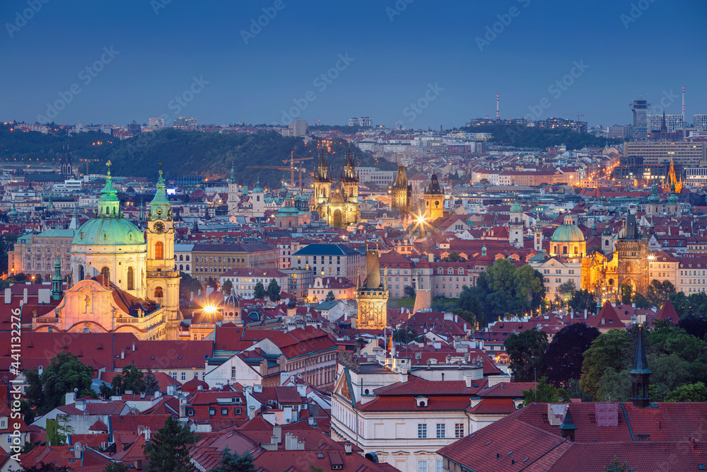 Prague Old Town. Aerial cityscape image of Prague, capital city of  Czech Republic with the Church of Our Lady before Tyn, Old Town Bridge Tower and Powder Tower at summer sunset.