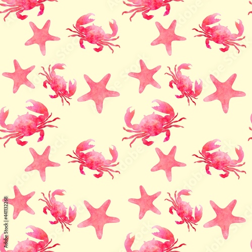 Set of aquarelle red sea animals on sand background hand-drawn digital illustration: starfish and crab