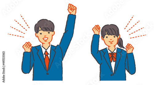 ガッツポーズで応援する学生のセットイラスト