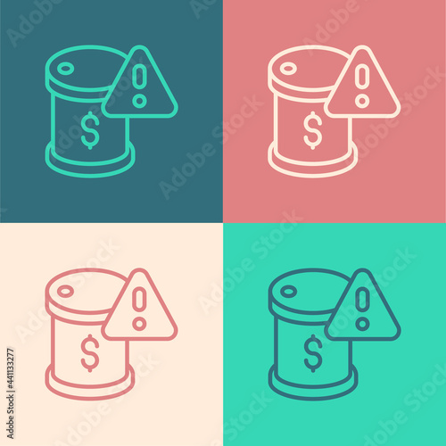 Pop art line Drop in crude oil price icon isolated on color background. Oil industry crisis concept. Vector