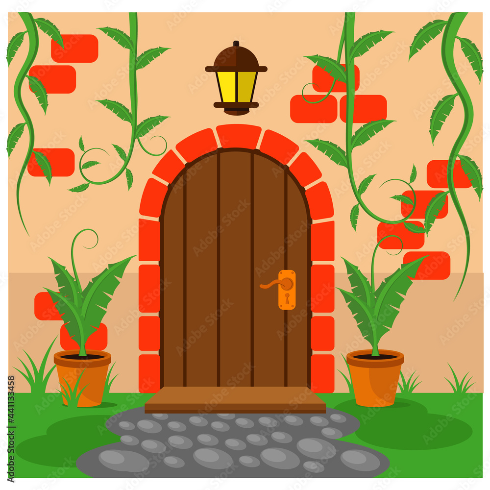 Fototapeta premium Entrance door and wall with plants. Vector illustration on the theme of exterior and architecture.