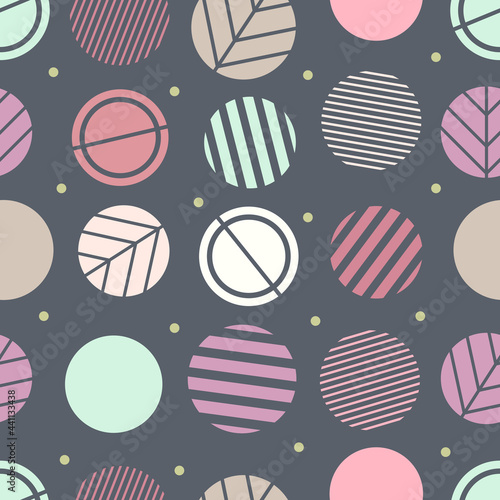 Colorful round shapes with simple striped elements on a pale gray background. Seamless abstract geometry pattern. Suitable for wallpaper, packaging, textile.