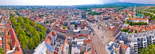 Zagreb historic city center, central square and cathedral aerial view
