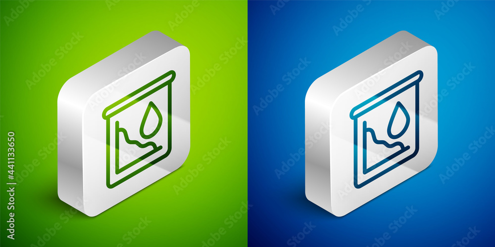 Isometric line Drop in crude oil price icon isolated on green and blue background. Oil industry crisis concept. Silver square button. Vector Isometric line Drop in crude oil price icon isolated on green and blue background. Oil industry crisis concept. Silver square button. Vector