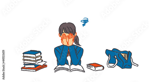 宿題が多くて顔をおおう女子学生