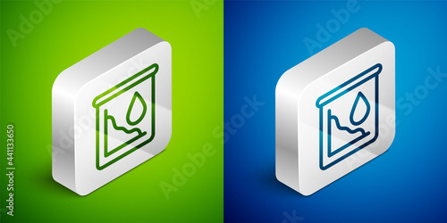 Isometric line Drop in crude oil price icon isolated on green and blue background. Oil industry crisis concept. Silver square button. Vector