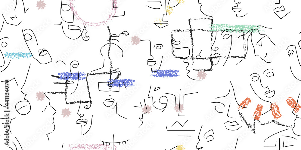One line drawing. Abstract face seamless pattern. One line drawing. Abstract face seamless pattern.