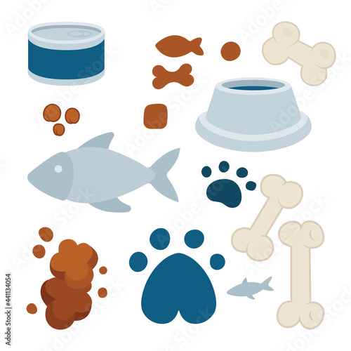 Pet food. Cats and dogs food. Tin can packaging, bowl, dry pet food, fish, bones and footprints. Part of set.