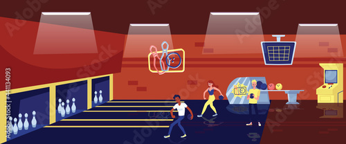 Bowling club interior with playing people characters, flat vector illustration.