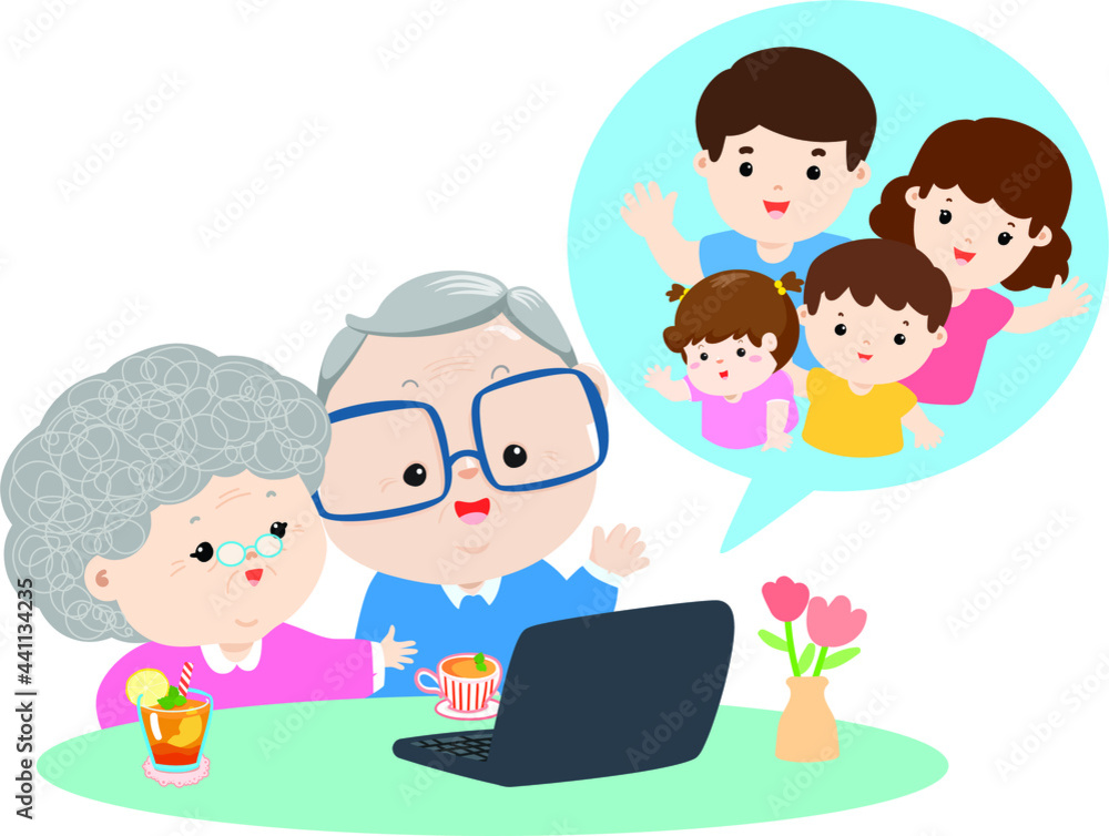Happy family video call vector illustration.
Family video call. online communication with grandparents. Happy family vector illustration. 
grandmother, grandfather, daughter. Online call communication