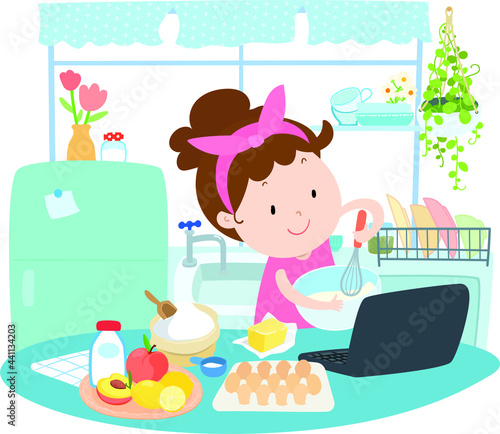 Happy woman is cooking food in her kitchen 
by using recipe from the internet vector illustration.
Learning cooking online from home. 