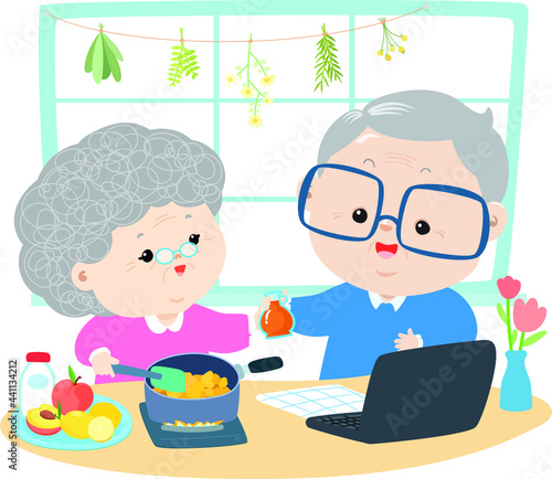 Happy elderly are cooking food in kitchen 
by using recipe from the internet vector illustration.
Learning cooking online from home. 