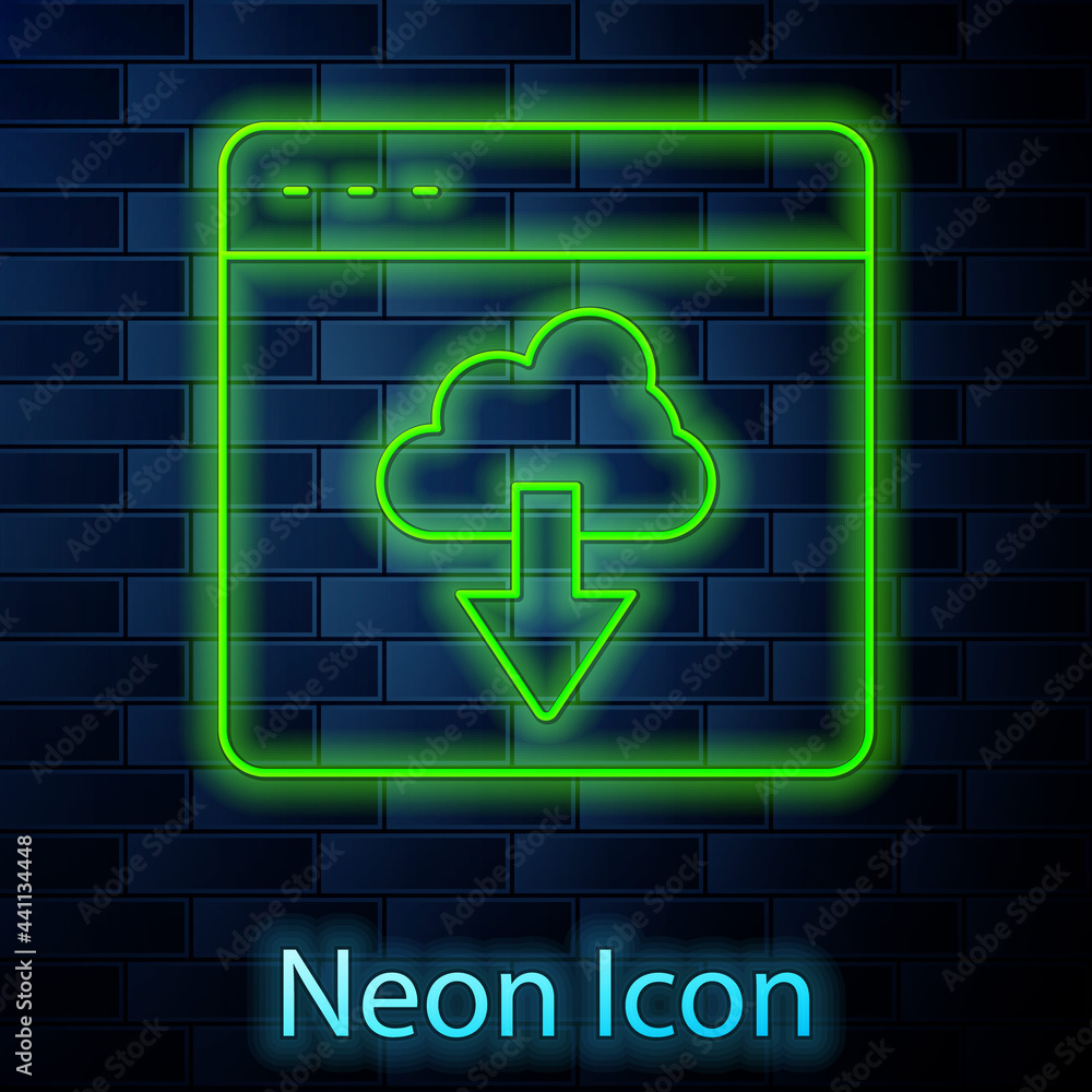 Glowing neon line Cloud technology data transfer and storage icon isolated on brick wall background. Vector Glowing neon line Cloud technology data transfer and storage icon isolated on brick wall background. Vector