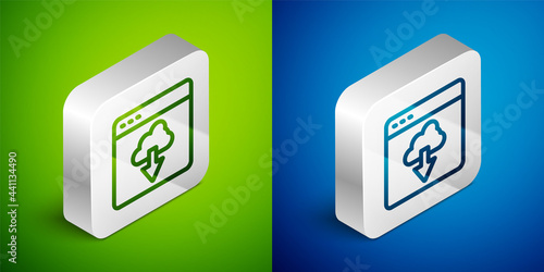 Isometric line Cloud technology data transfer and storage icon isolated on green and blue background. Silver square button. Vector