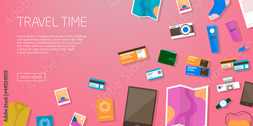 Travel time. Horizontal advertising banner on theme travel, vacation. Preparing for journey. Pink backdrop with things necessary traveler. Top view. Colorful vector background in flat style