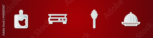 Set Cutting board, Electronic scales, Honey dipper stick and Pudding custard icon. Vector
