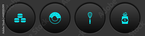 Set Macaron cookie, Donut, Kitchen whisk and Jar of sugar icon. Vector