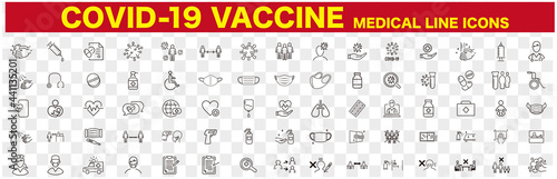Set of Coronavirus and Vaccine line icons, covid19, Medical mask, health, contagious, epidemic, outbreak, Vector